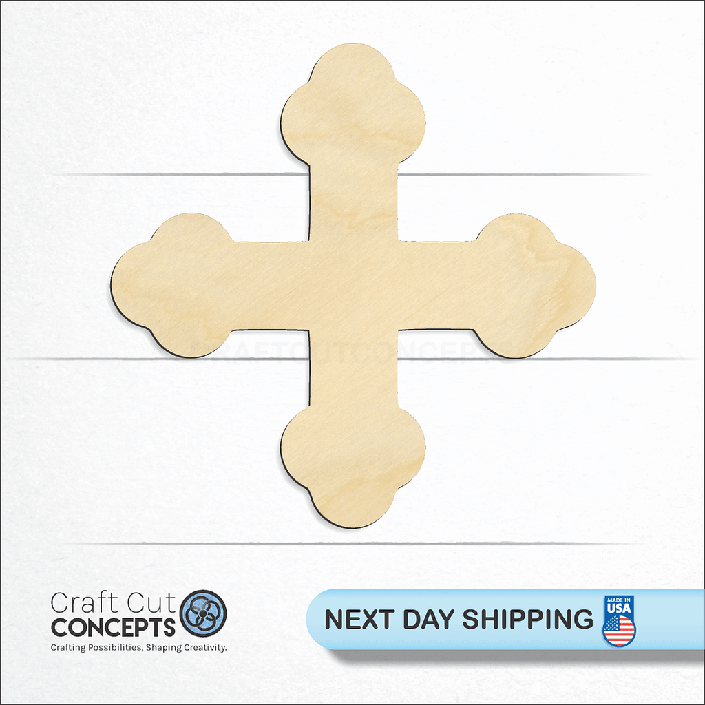 Craft Cut Concepts logo and next day shipping banner with an unfinished wood Bottony Cross craft shape and blank