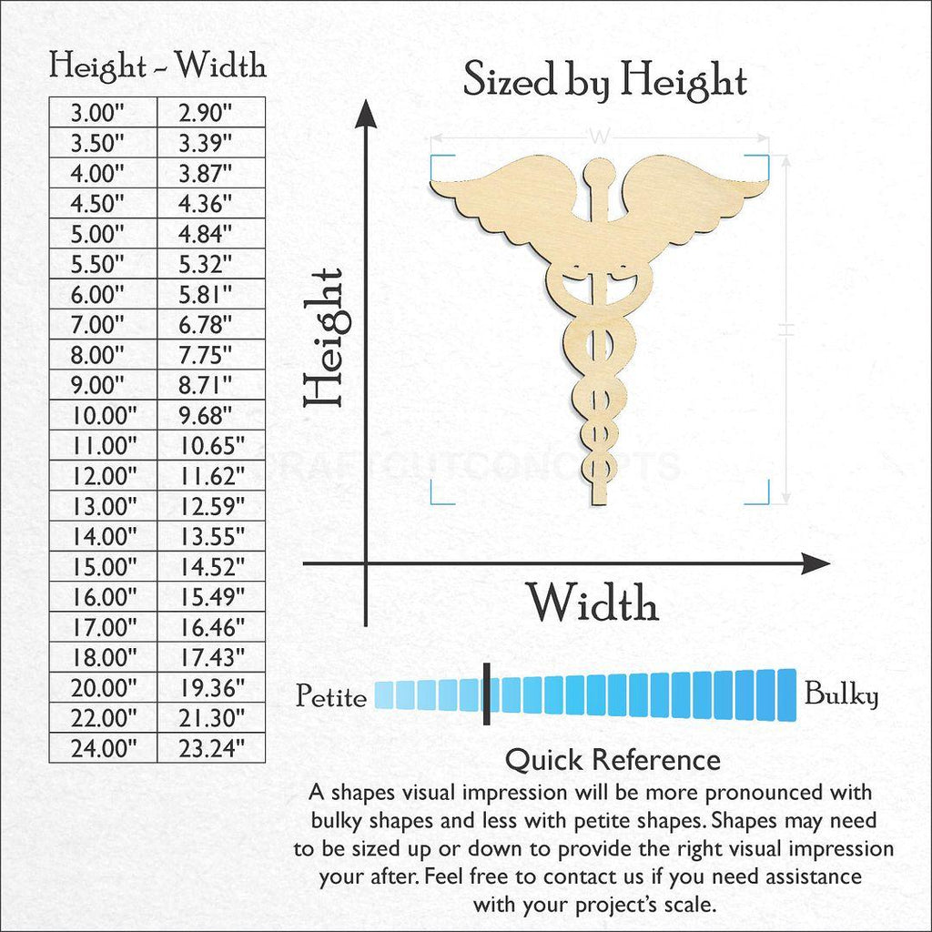 Sizes available for a laser cut Caduceus craft blank