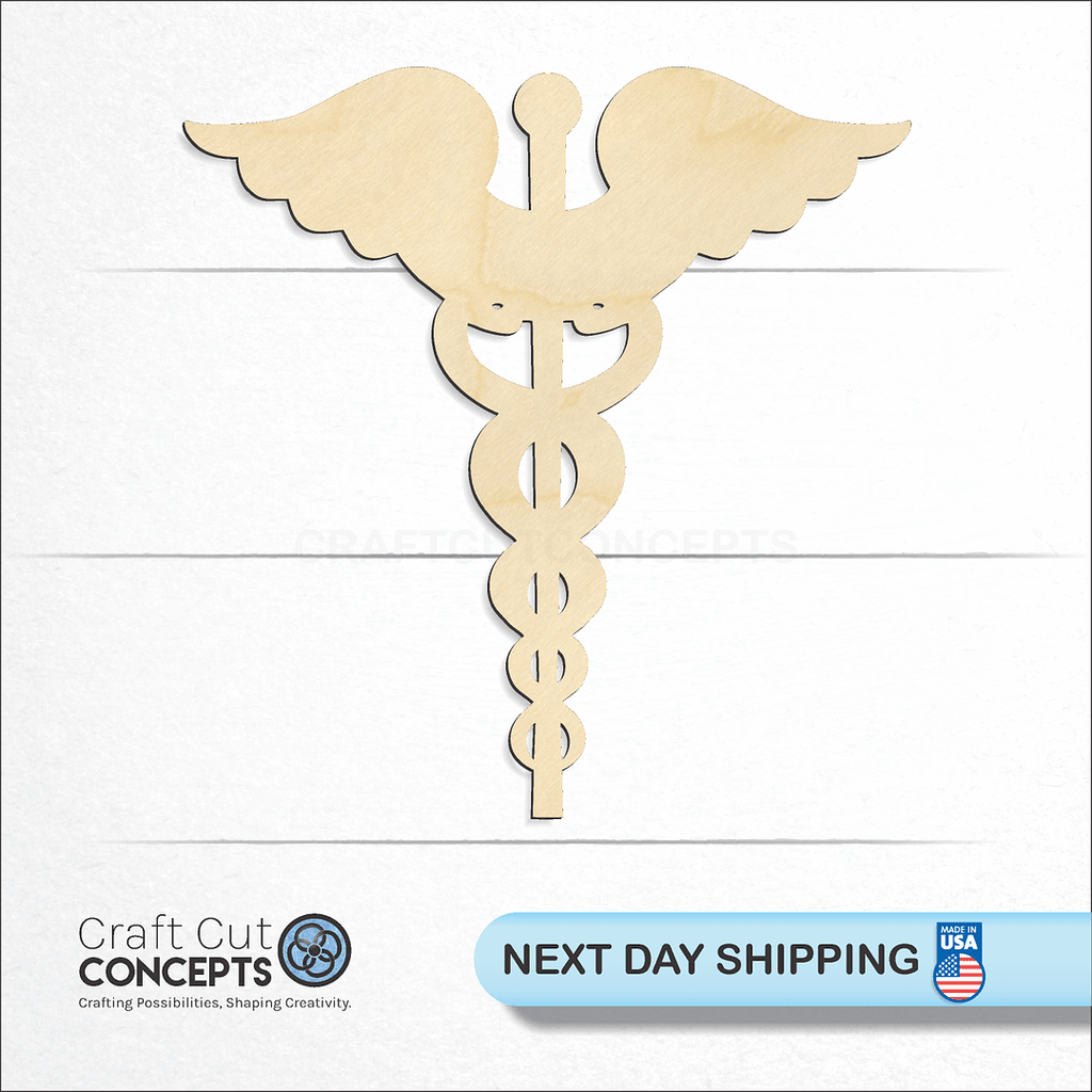 Craft Cut Concepts logo and next day shipping banner with an unfinished wood Caduceus craft shape and blank