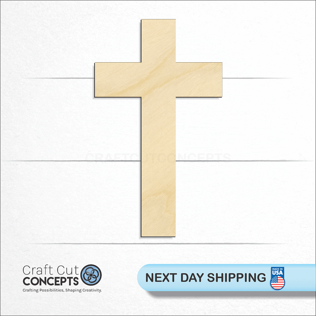 Craft Cut Concepts logo and next day shipping banner with an unfinished wood Cross craft shape and blank