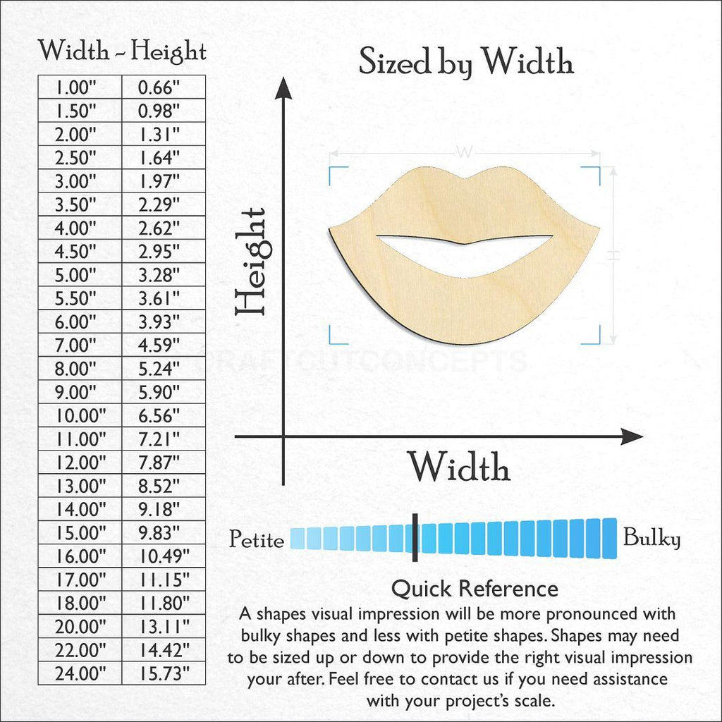 Sizes available for a laser cut Lips craft blank