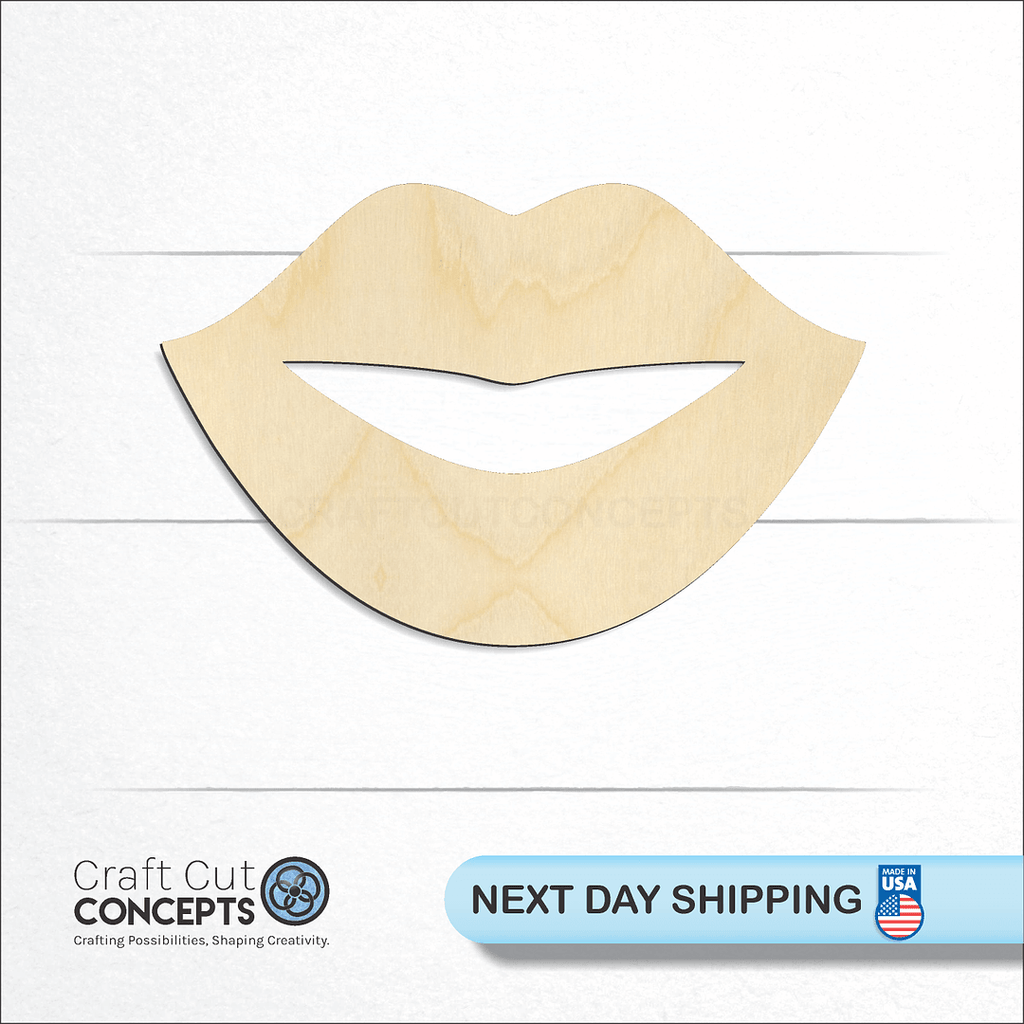 Craft Cut Concepts logo and next day shipping banner with an unfinished wood Lips craft shape and blank