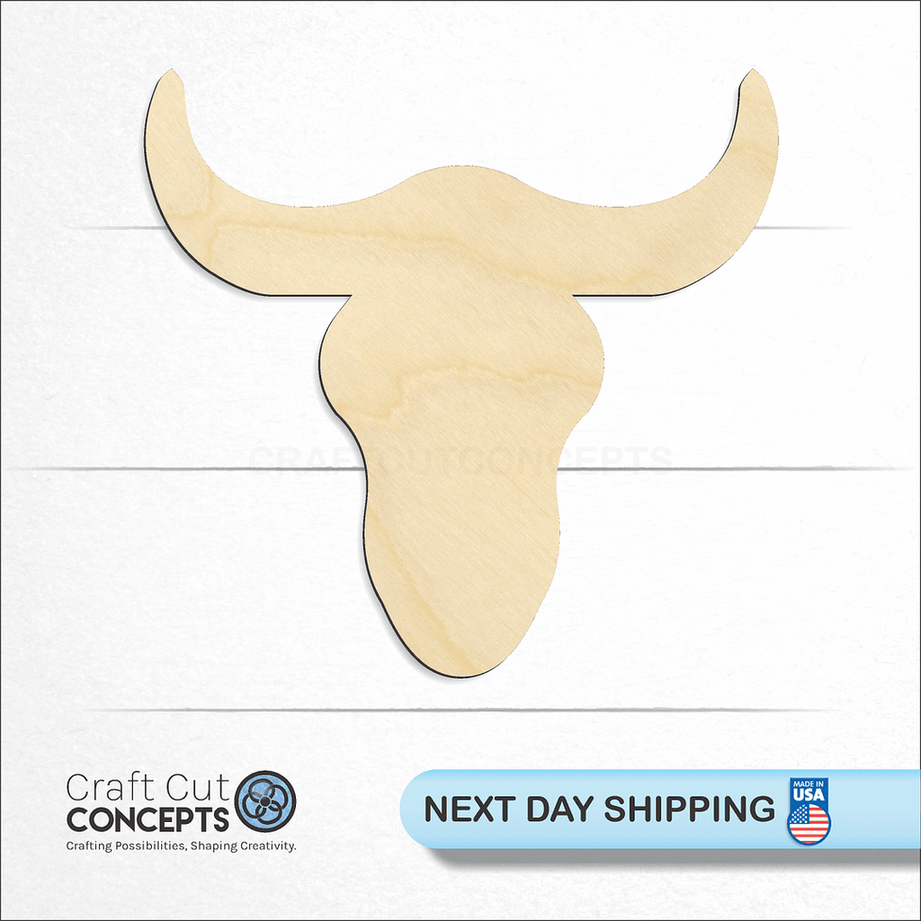 Craft Cut Concepts logo and next day shipping banner with an unfinished wood Cattle Skull craft shape and blank