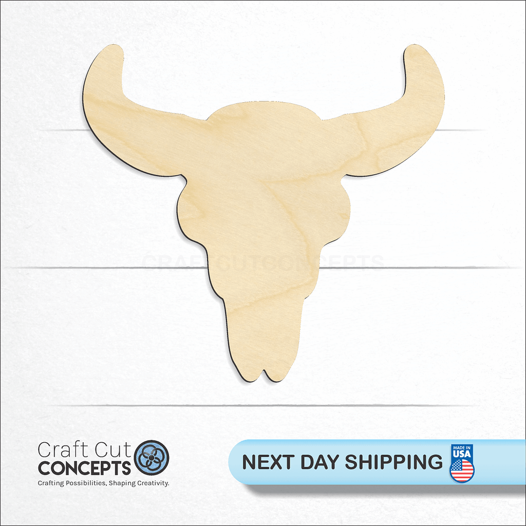 Craft Cut Concepts logo and next day shipping banner with an unfinished wood Cattle Skull craft shape and blank