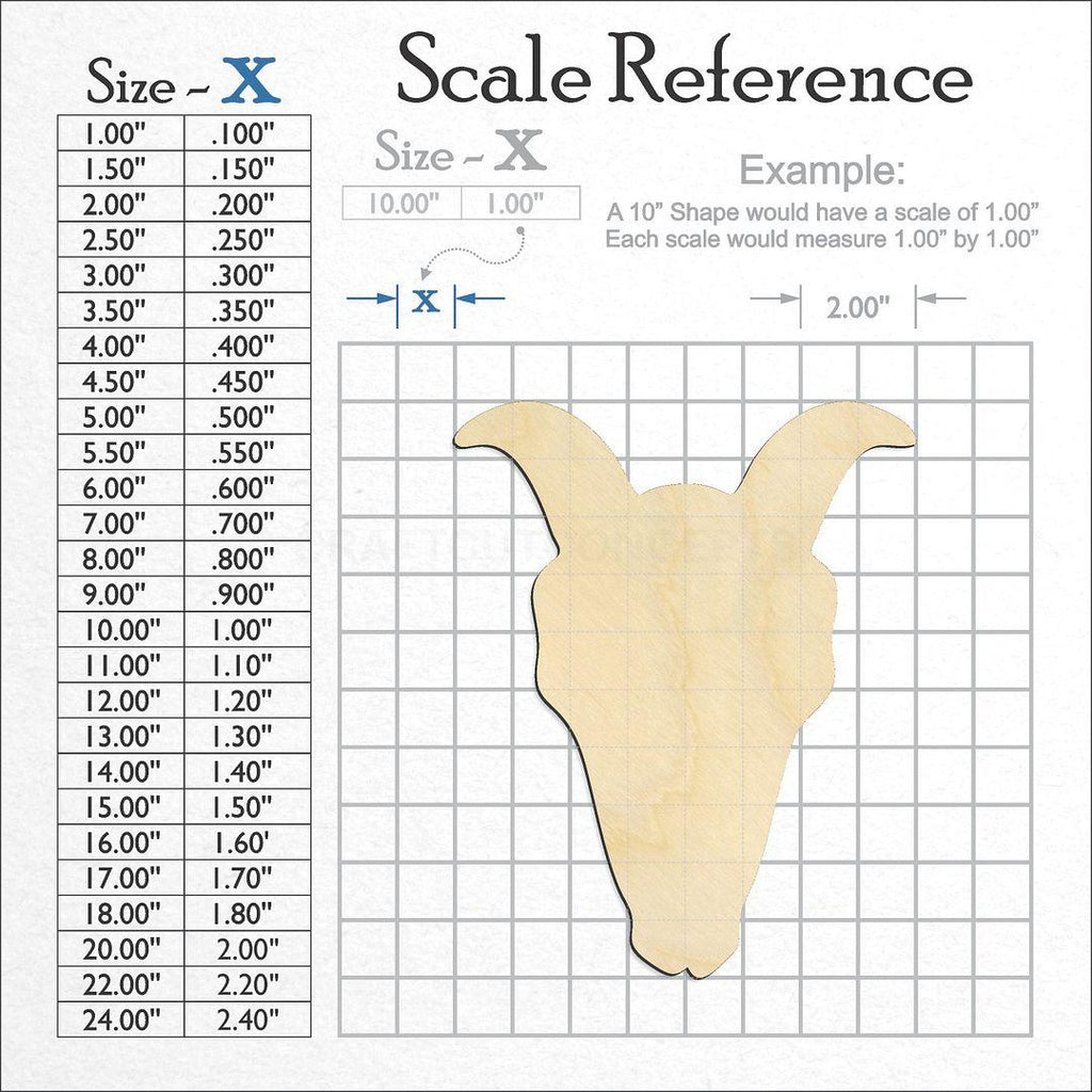 A scale and graph image showing a wood Goat Skull craft blank