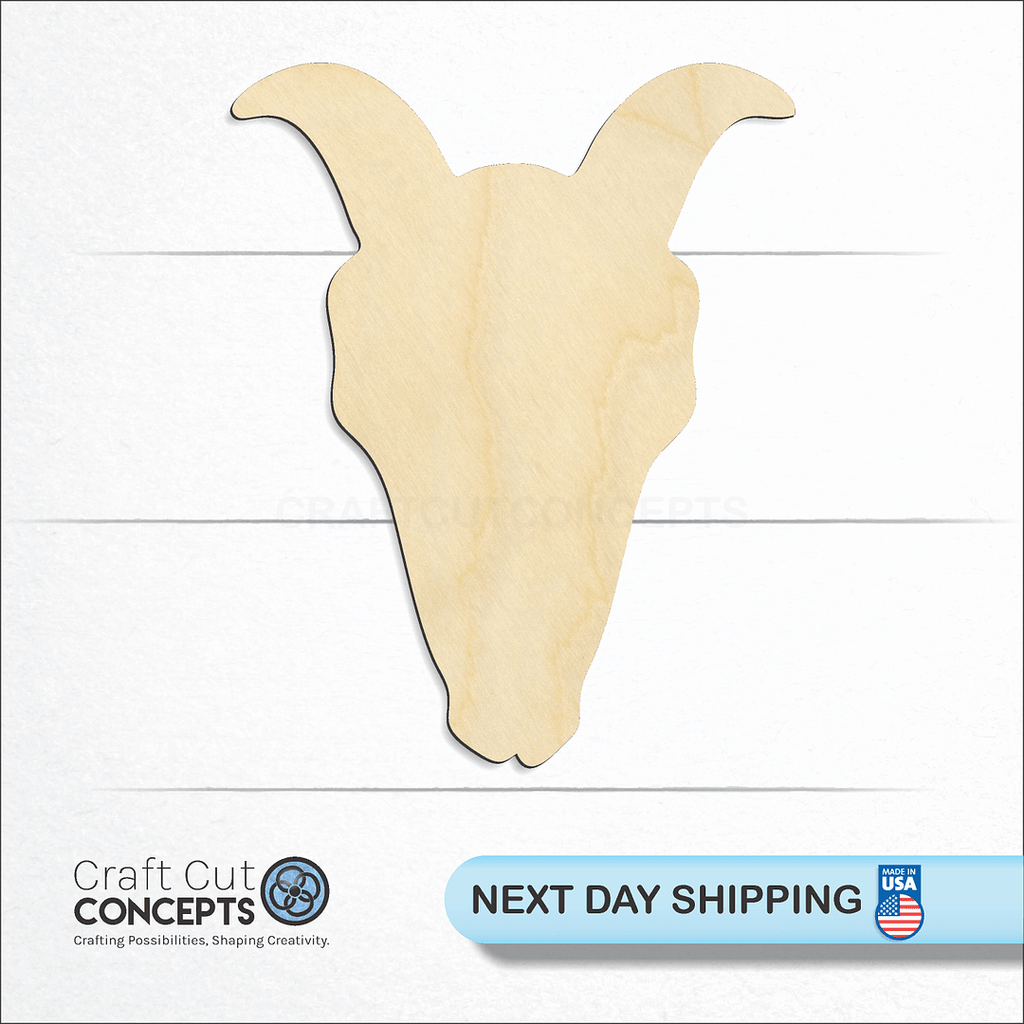 Craft Cut Concepts logo and next day shipping banner with an unfinished wood Goat Skull craft shape and blank