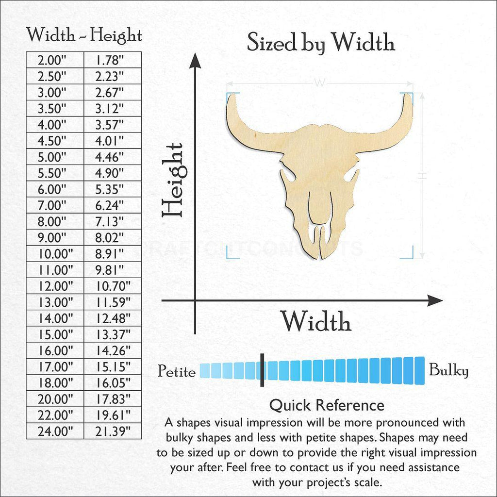 Sizes available for a laser cut Cattle Skull craft blank