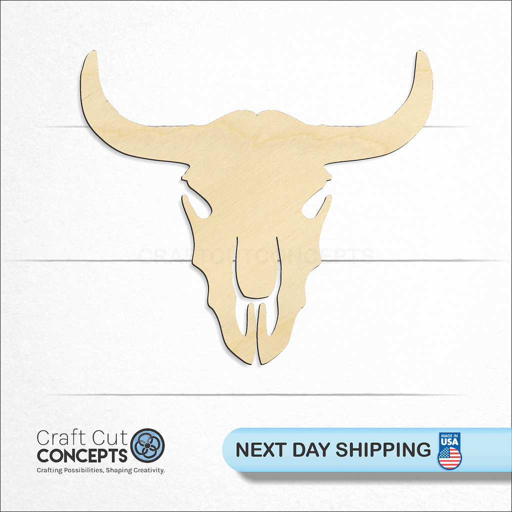 Craft Cut Concepts logo and next day shipping banner with an unfinished wood Cattle Skull craft shape and blank