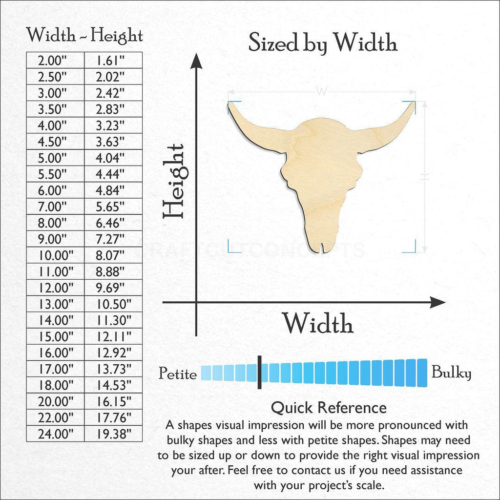 Sizes available for a laser cut Cattle Skull craft blank