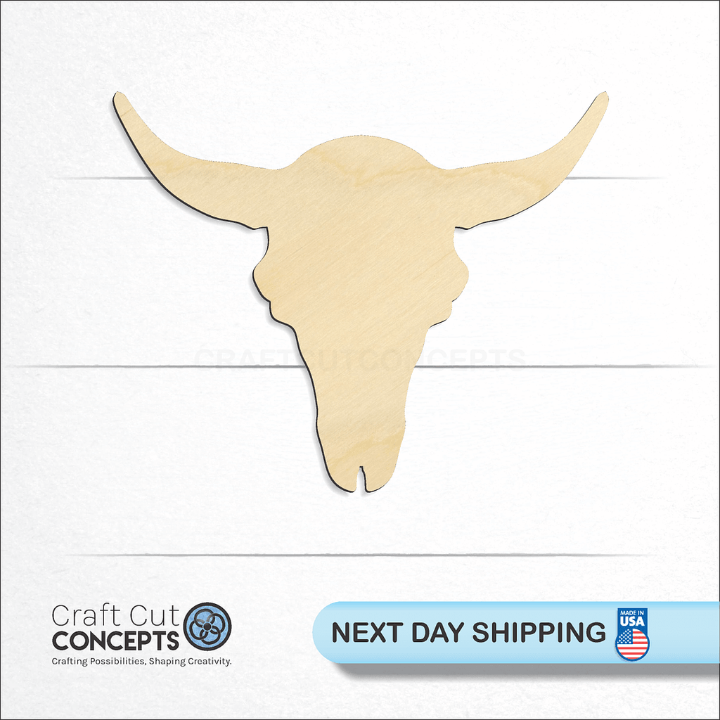 Craft Cut Concepts logo and next day shipping banner with an unfinished wood Cattle Skull craft shape and blank