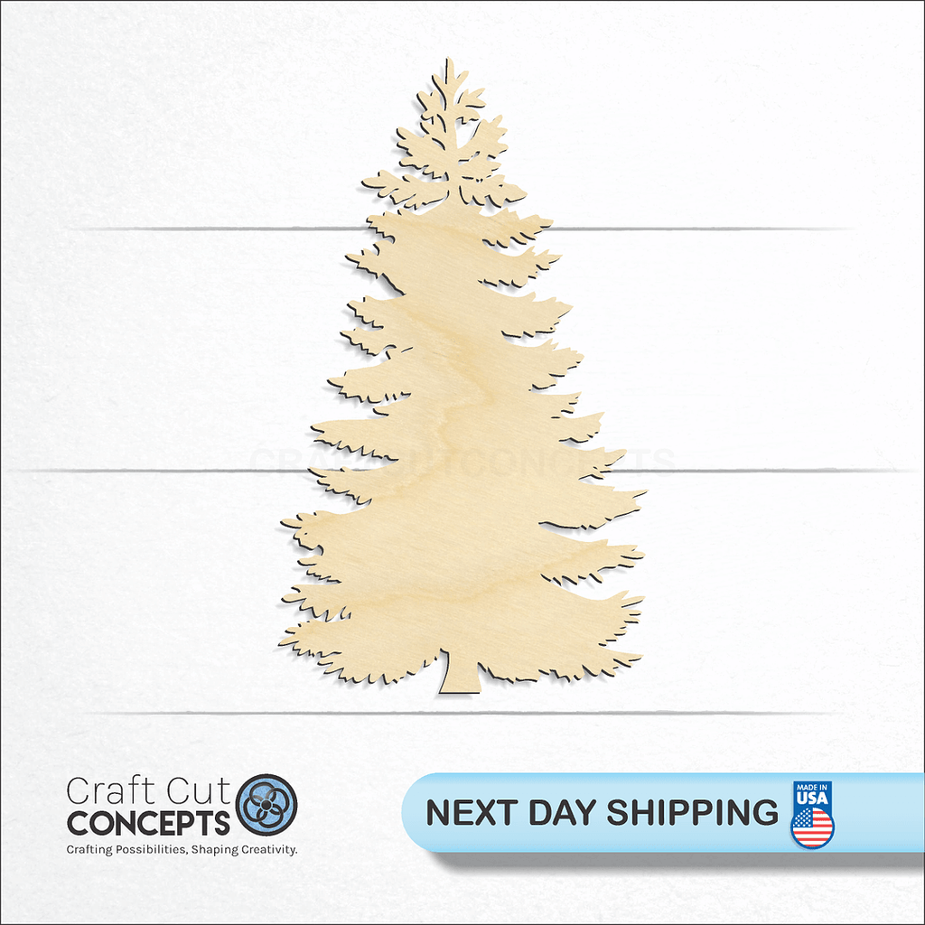 Craft Cut Concepts logo and next day shipping banner with an unfinished wood Fur Tree craft shape and blank