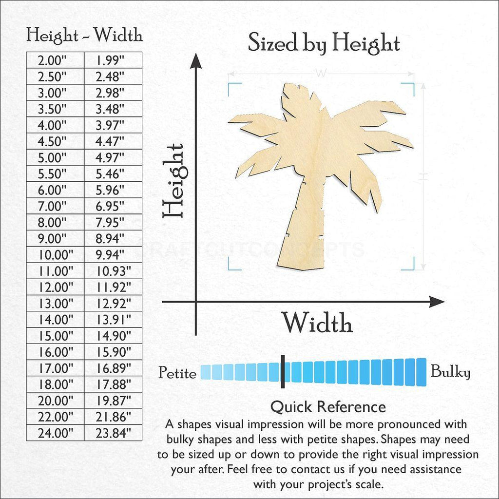 Sizes available for a laser cut Palm Tree craft blank