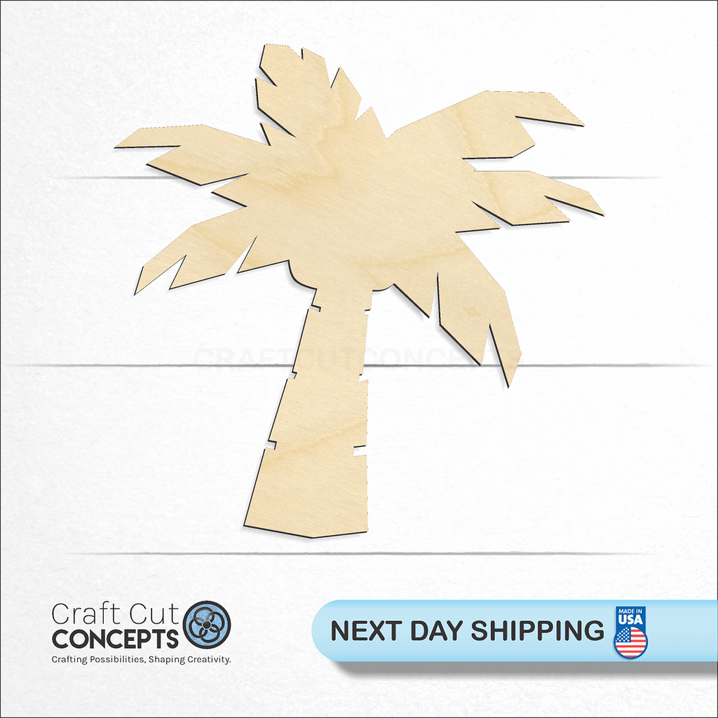 Craft Cut Concepts logo and next day shipping banner with an unfinished wood Palm Tree craft shape and blank