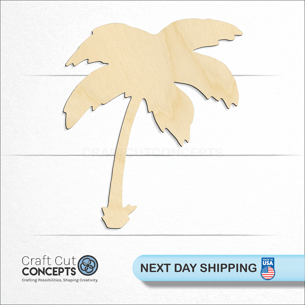 Craft Cut Concepts logo and next day shipping banner with an unfinished wood Palm Tree-2 craft shape and blank