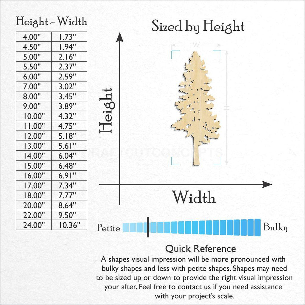 Sizes available for a laser cut Ponderosa Pine Tree craft blank