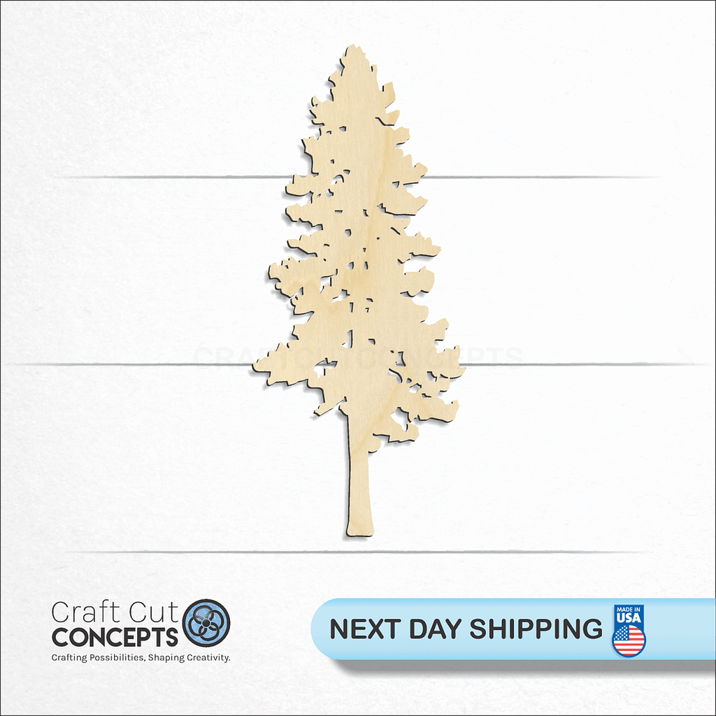 Craft Cut Concepts logo and next day shipping banner with an unfinished wood Ponderosa Pine Tree craft shape and blank