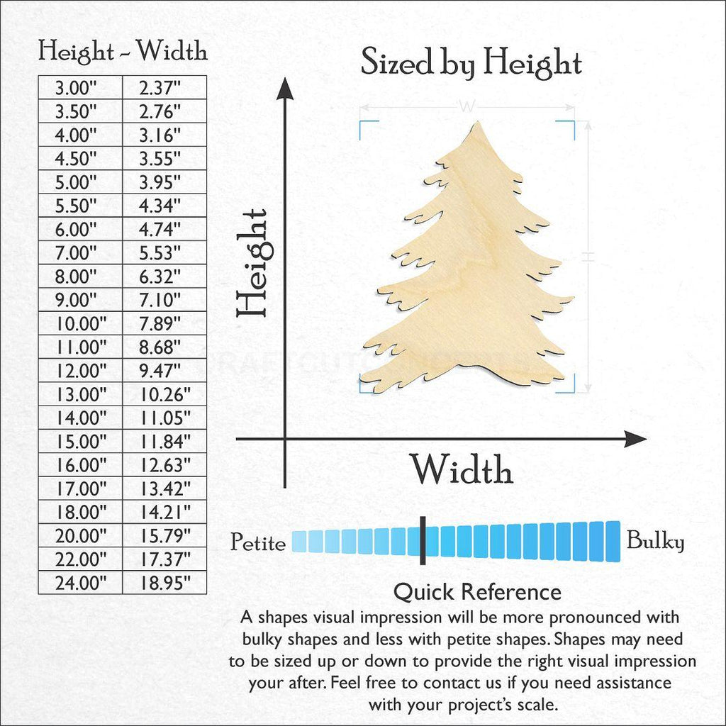 Sizes available for a laser cut Christmas Tree craft blank