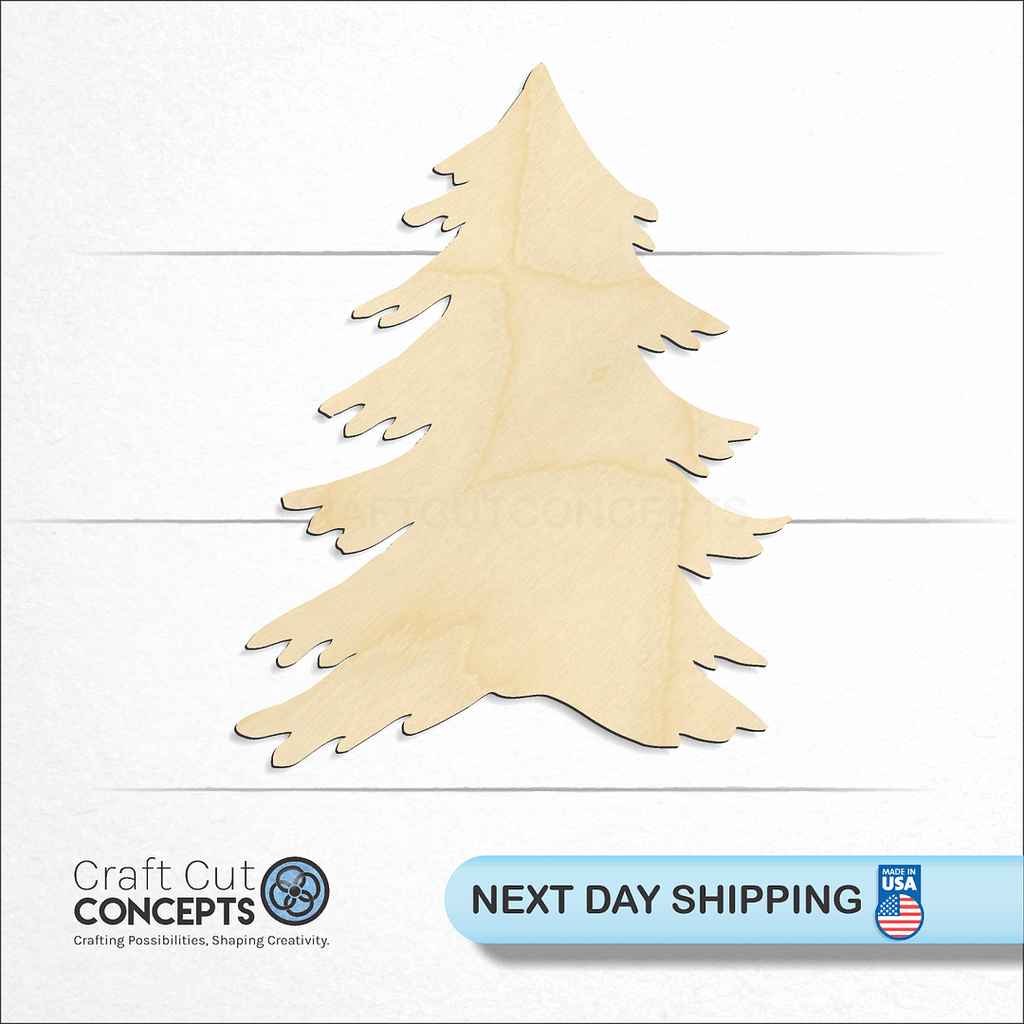 Craft Cut Concepts logo and next day shipping banner with an unfinished wood Christmas Tree craft shape and blank