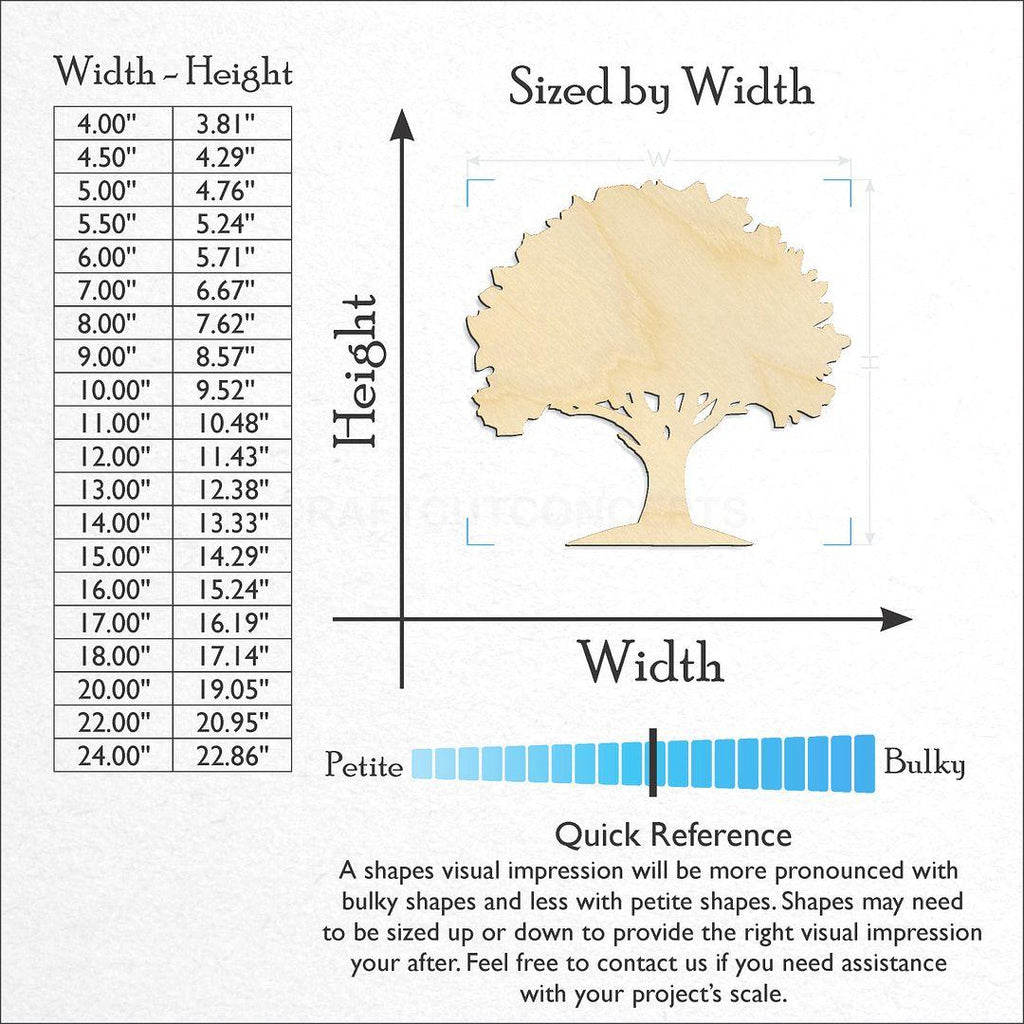 Sizes available for a laser cut Oak Tree craft blank