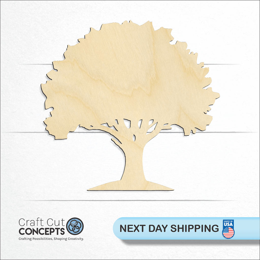 Craft Cut Concepts logo and next day shipping banner with an unfinished wood Oak Tree craft shape and blank