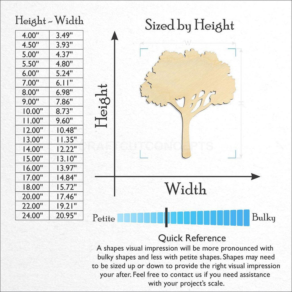 Sizes available for a laser cut Tree craft blank