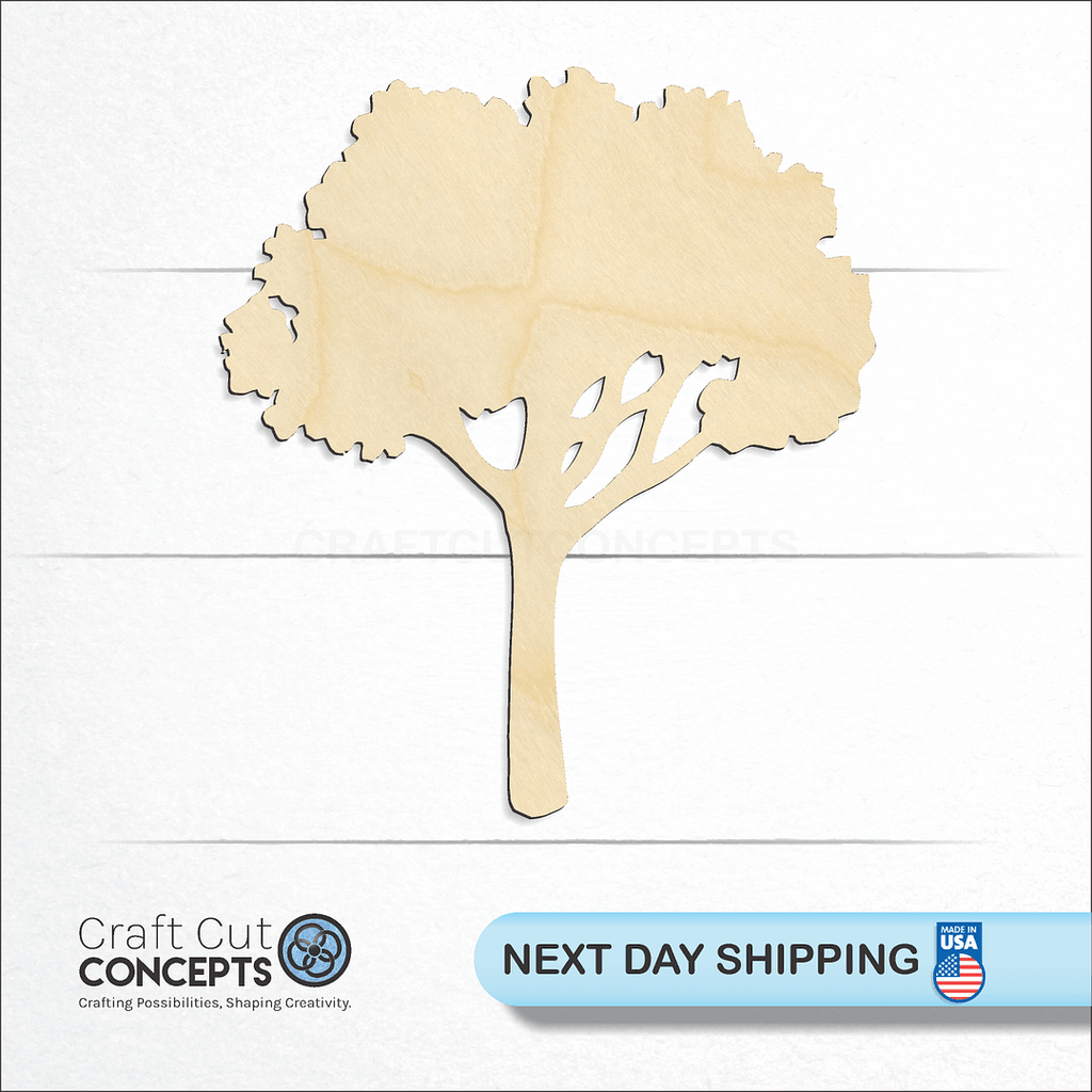 Craft Cut Concepts logo and next day shipping banner with an unfinished wood Tree craft shape and blank