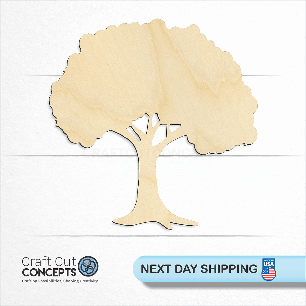 Craft Cut Concepts logo and next day shipping banner with an unfinished wood Tree craft shape and blank