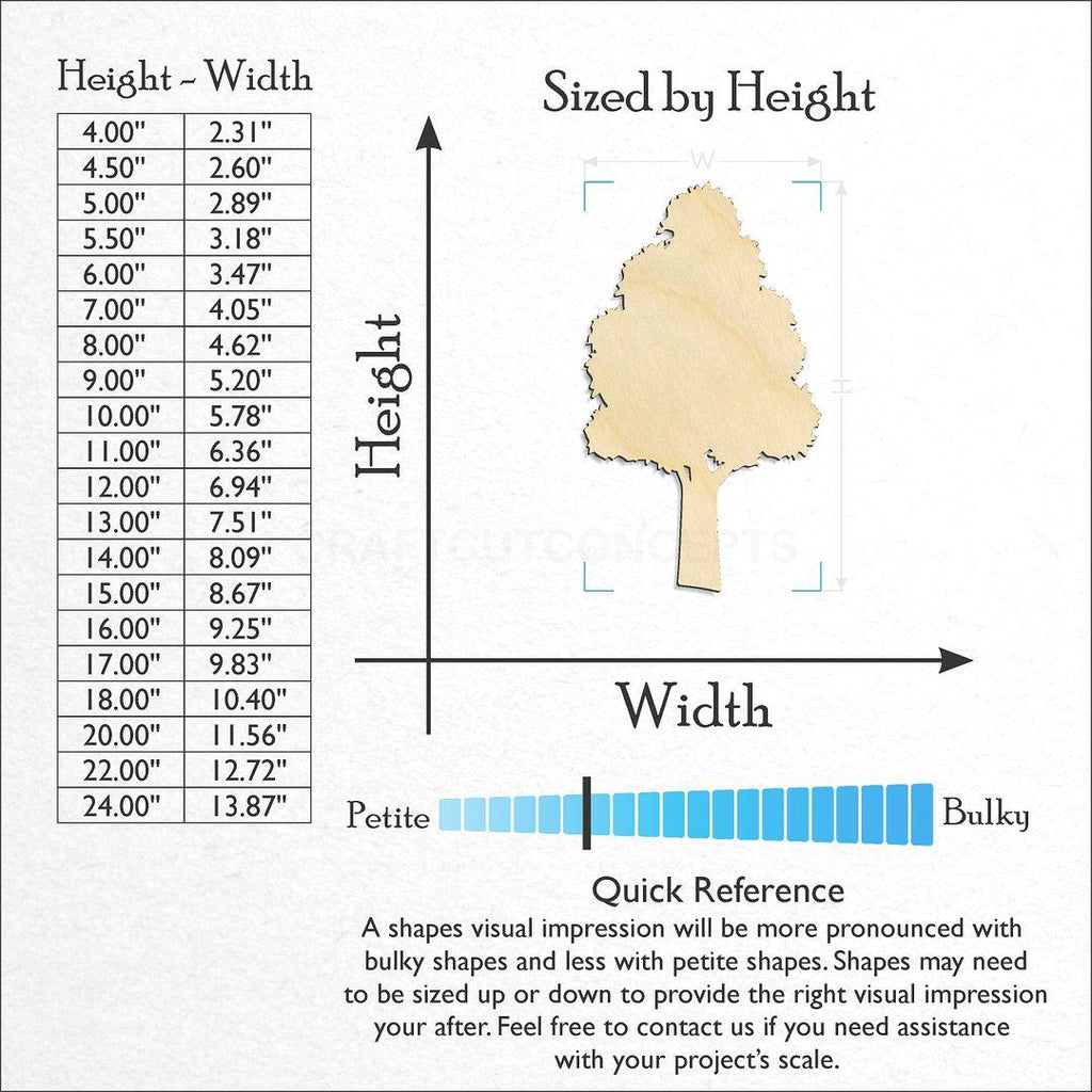 Sizes available for a laser cut Tree craft blank