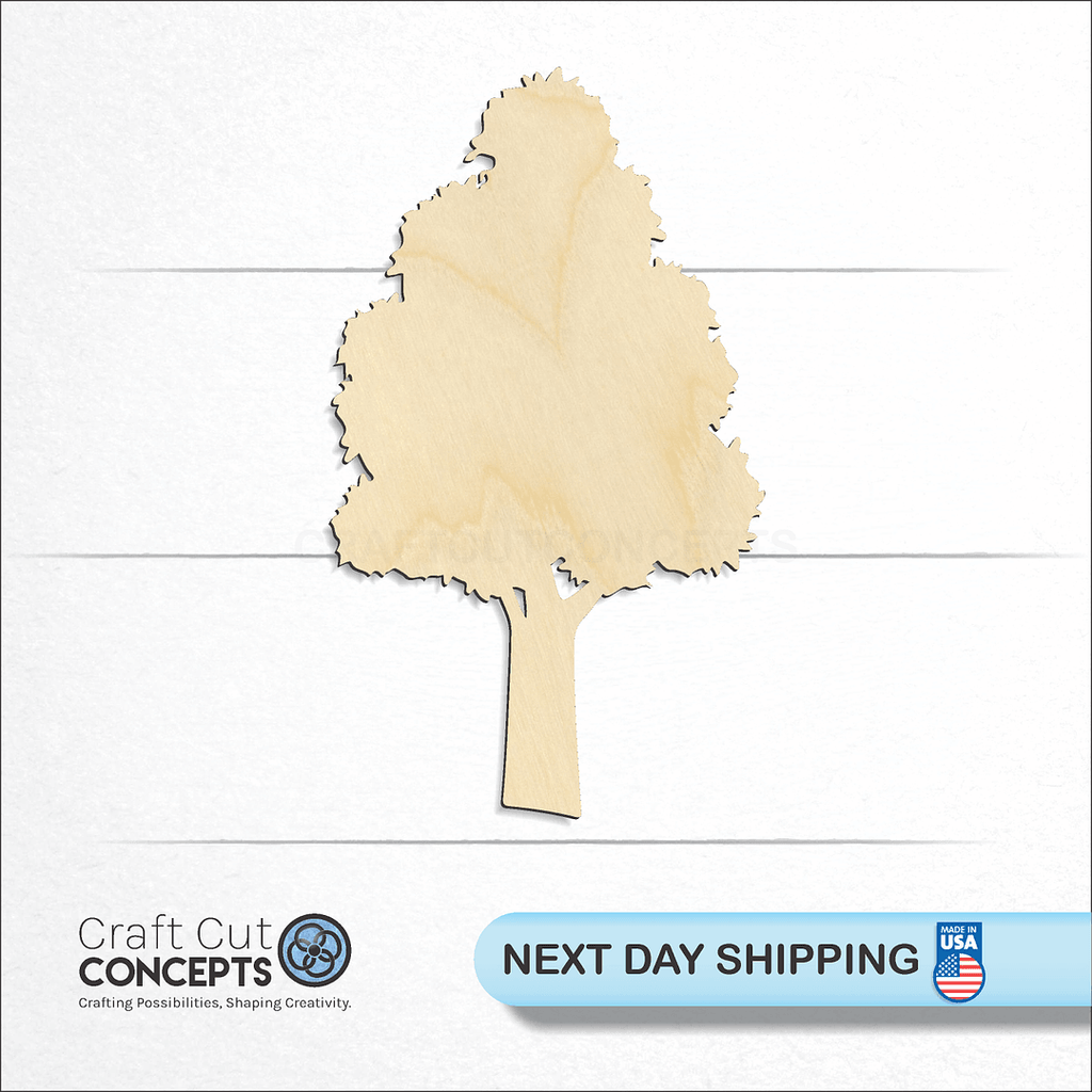 Craft Cut Concepts logo and next day shipping banner with an unfinished wood Tree craft shape and blank