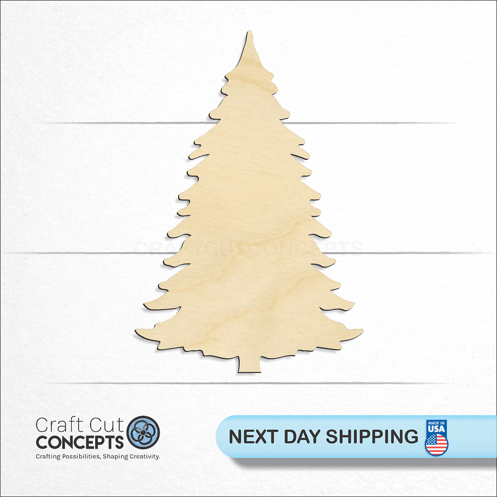 Craft Cut Concepts logo and next day shipping banner with an unfinished wood Pine Tree craft shape and blank