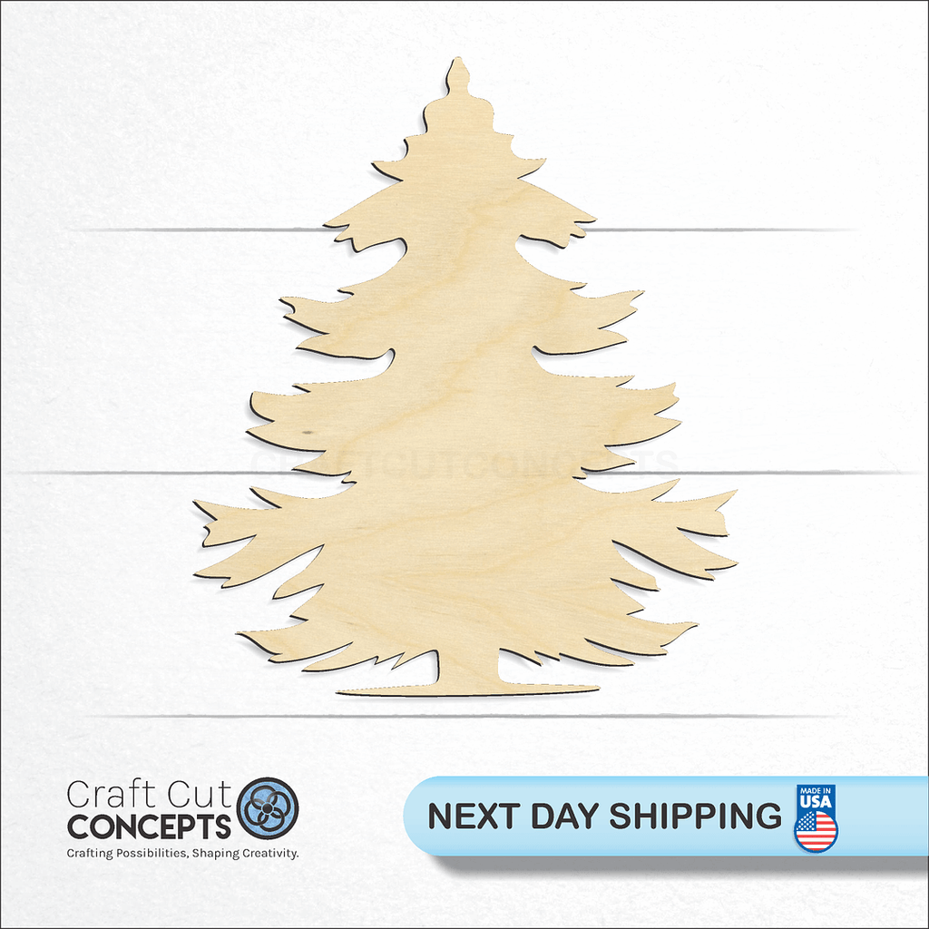 Craft Cut Concepts logo and next day shipping banner with an unfinished wood Pine Tree craft shape and blank