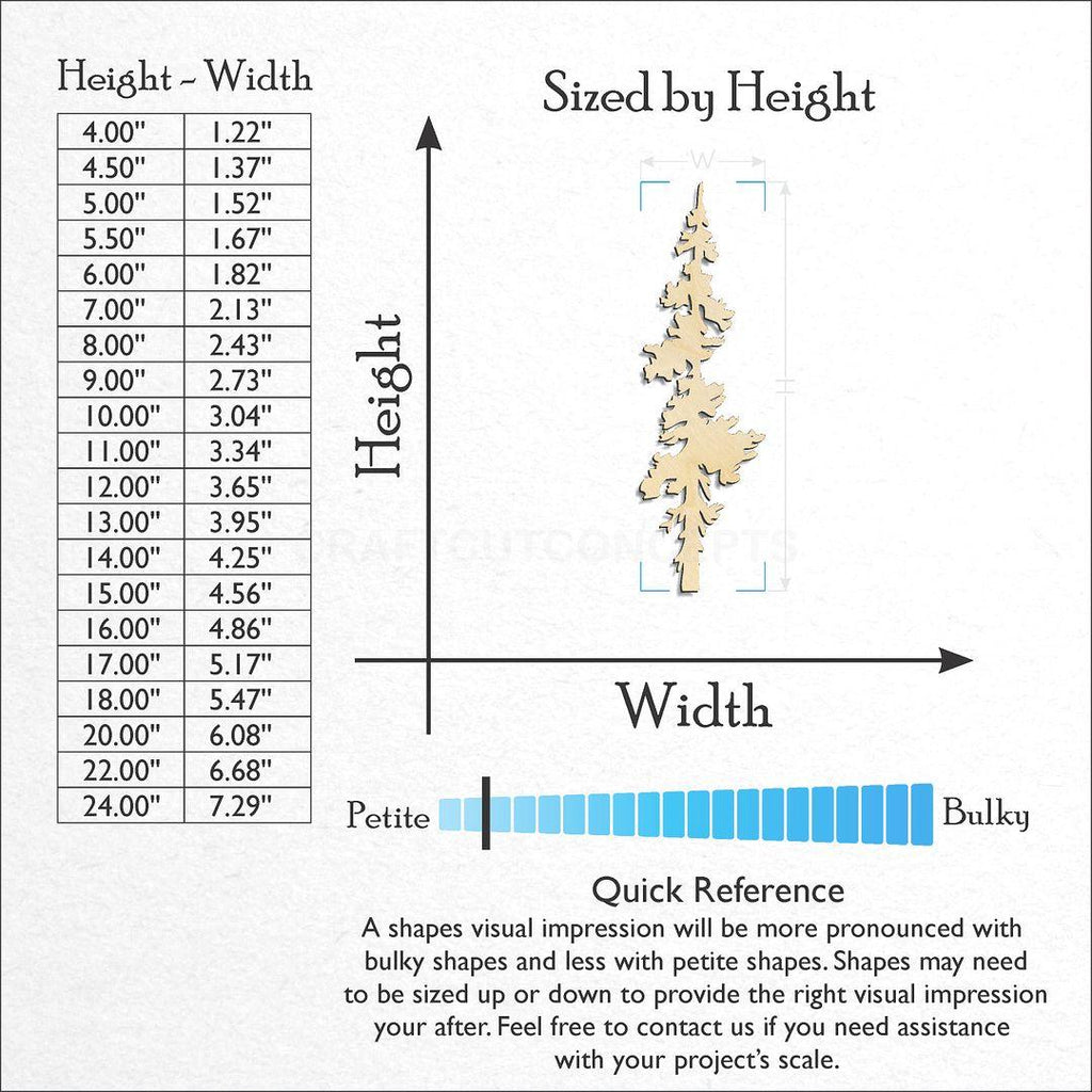 Sizes available for a laser cut Pine Tree craft blank