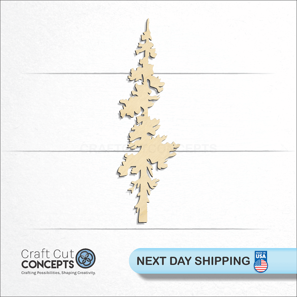 Craft Cut Concepts logo and next day shipping banner with an unfinished wood Pine Tree craft shape and blank