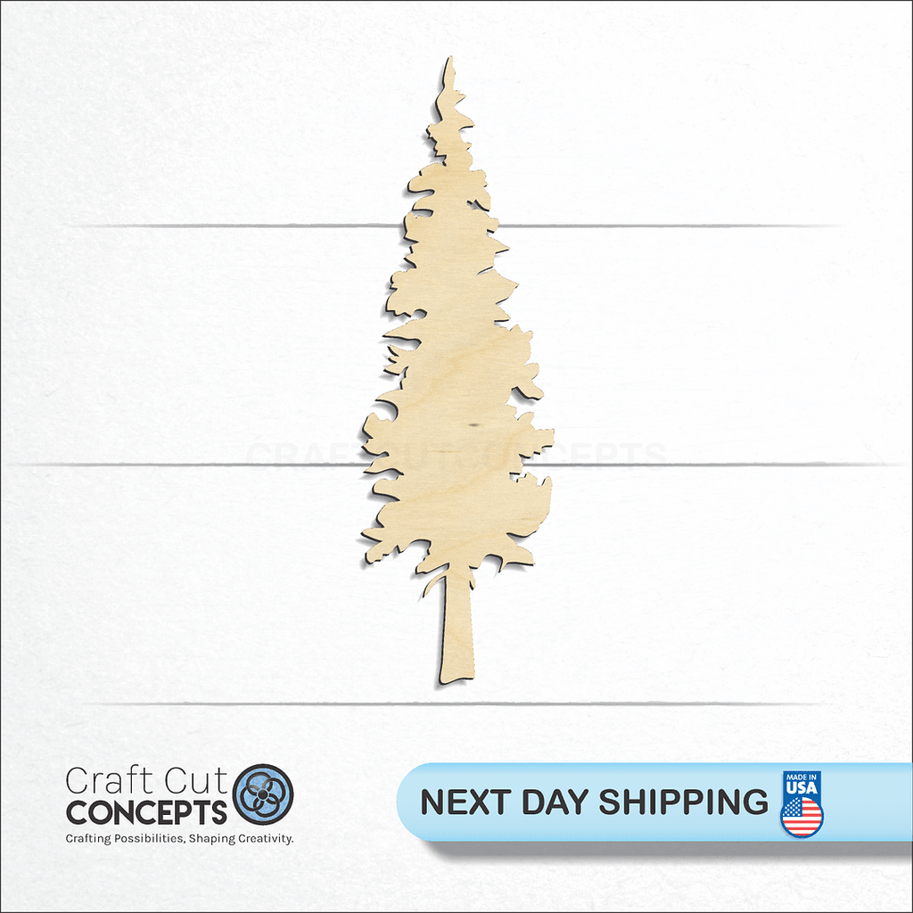 Craft Cut Concepts logo and next day shipping banner with an unfinished wood Pine Tree craft shape and blank