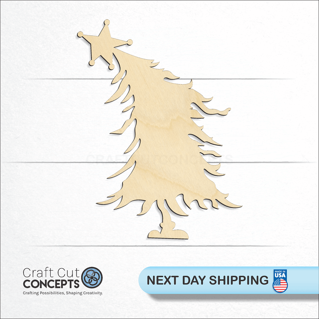 Craft Cut Concepts logo and next day shipping banner with an unfinished wood Christmas Tree craft shape and blank