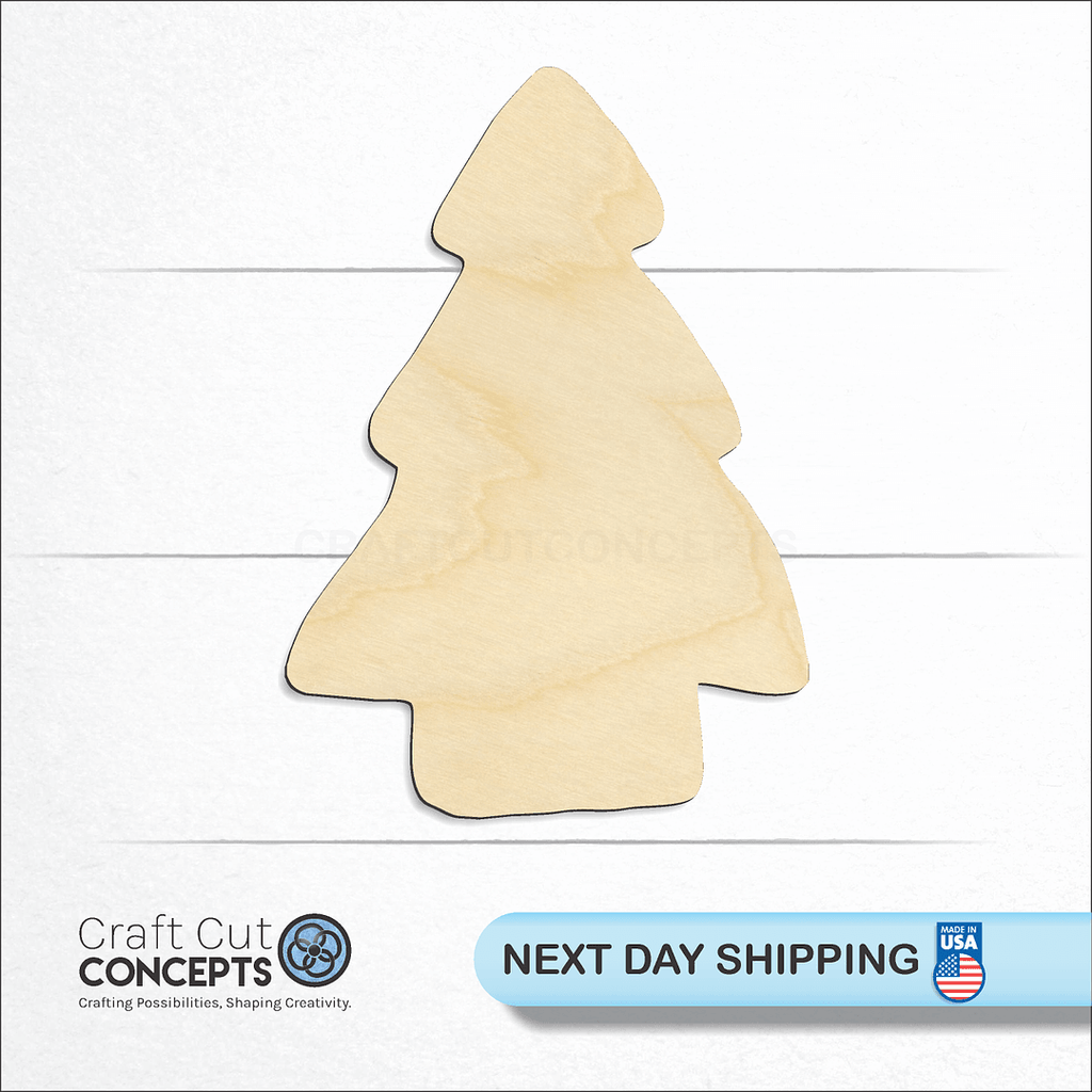 Craft Cut Concepts logo and next day shipping banner with an unfinished wood Christmas Tree craft shape and blank