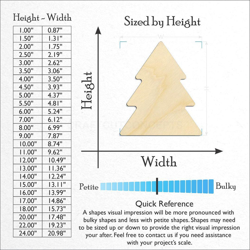 Sizes available for a laser cut Christmas Tree craft blank