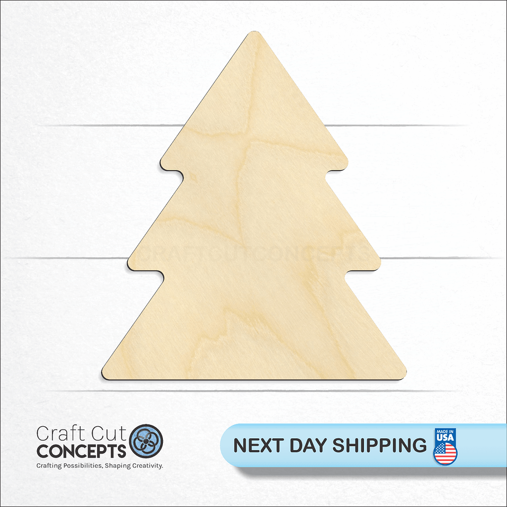 Craft Cut Concepts logo and next day shipping banner with an unfinished wood Christmas Tree craft shape and blank