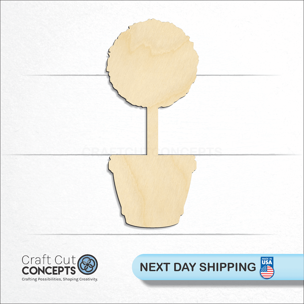 Craft Cut Concepts logo and next day shipping banner with an unfinished wood Topiary craft shape and blank