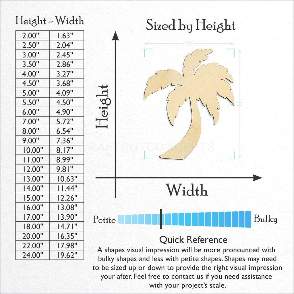 Sizes available for a laser cut Palm Tree craft blank