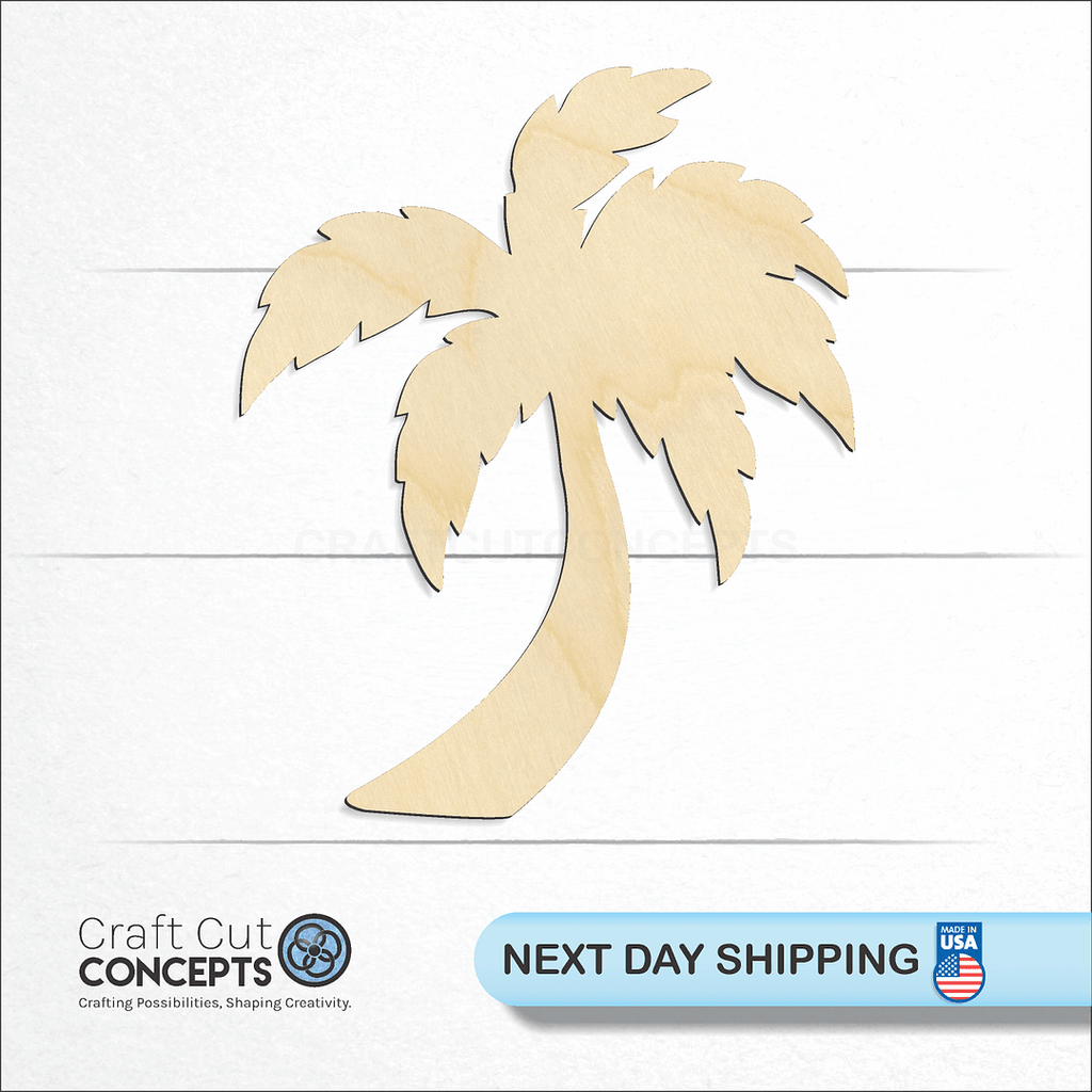 Craft Cut Concepts logo and next day shipping banner with an unfinished wood Palm Tree craft shape and blank