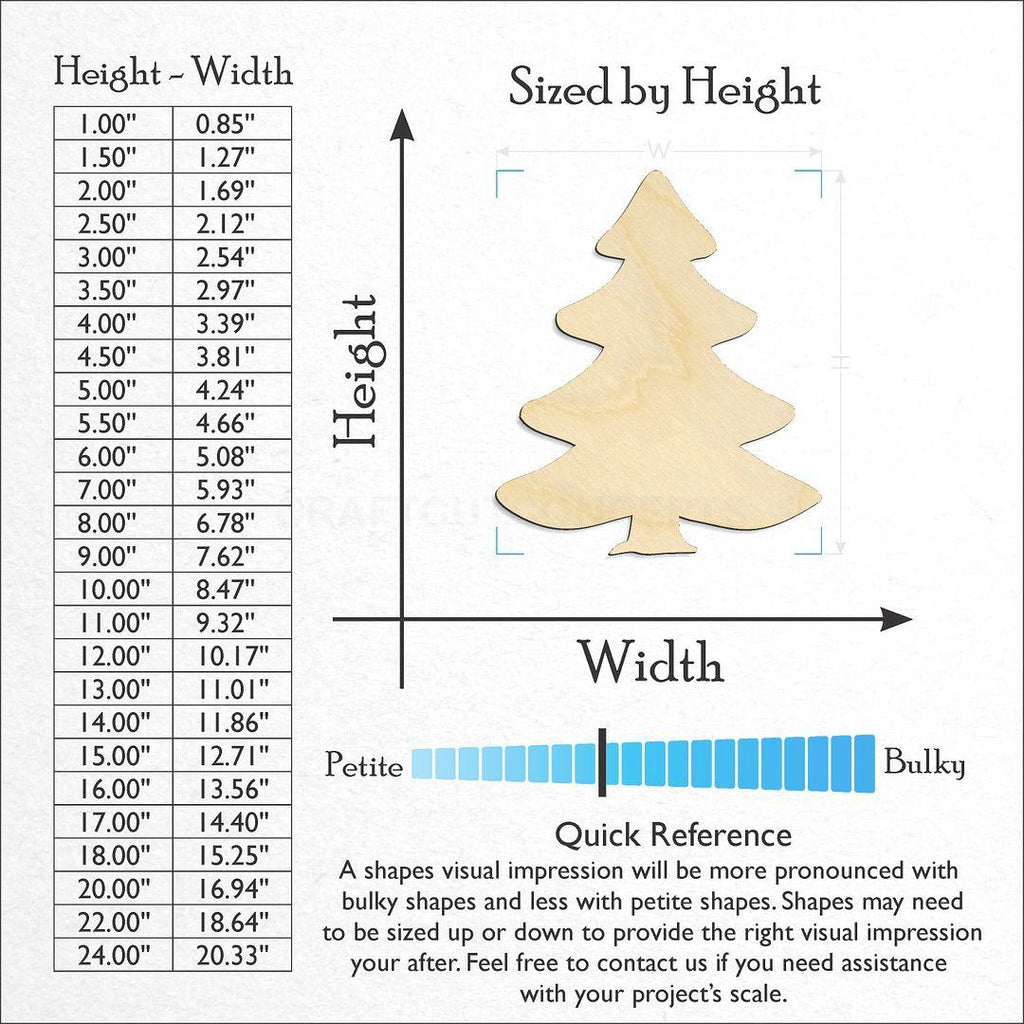 Sizes available for a laser cut Christmas Tree craft blank