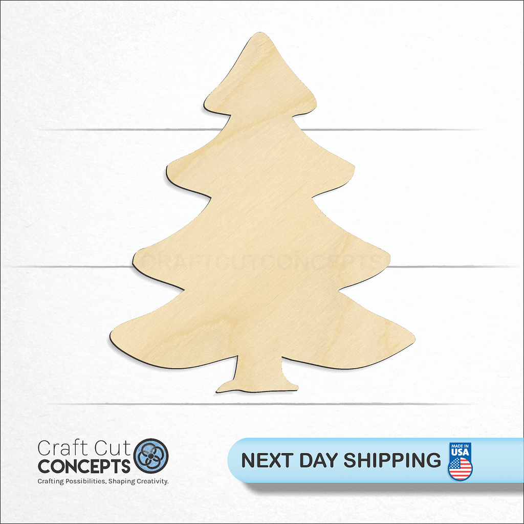 Craft Cut Concepts logo and next day shipping banner with an unfinished wood Christmas Tree craft shape and blank