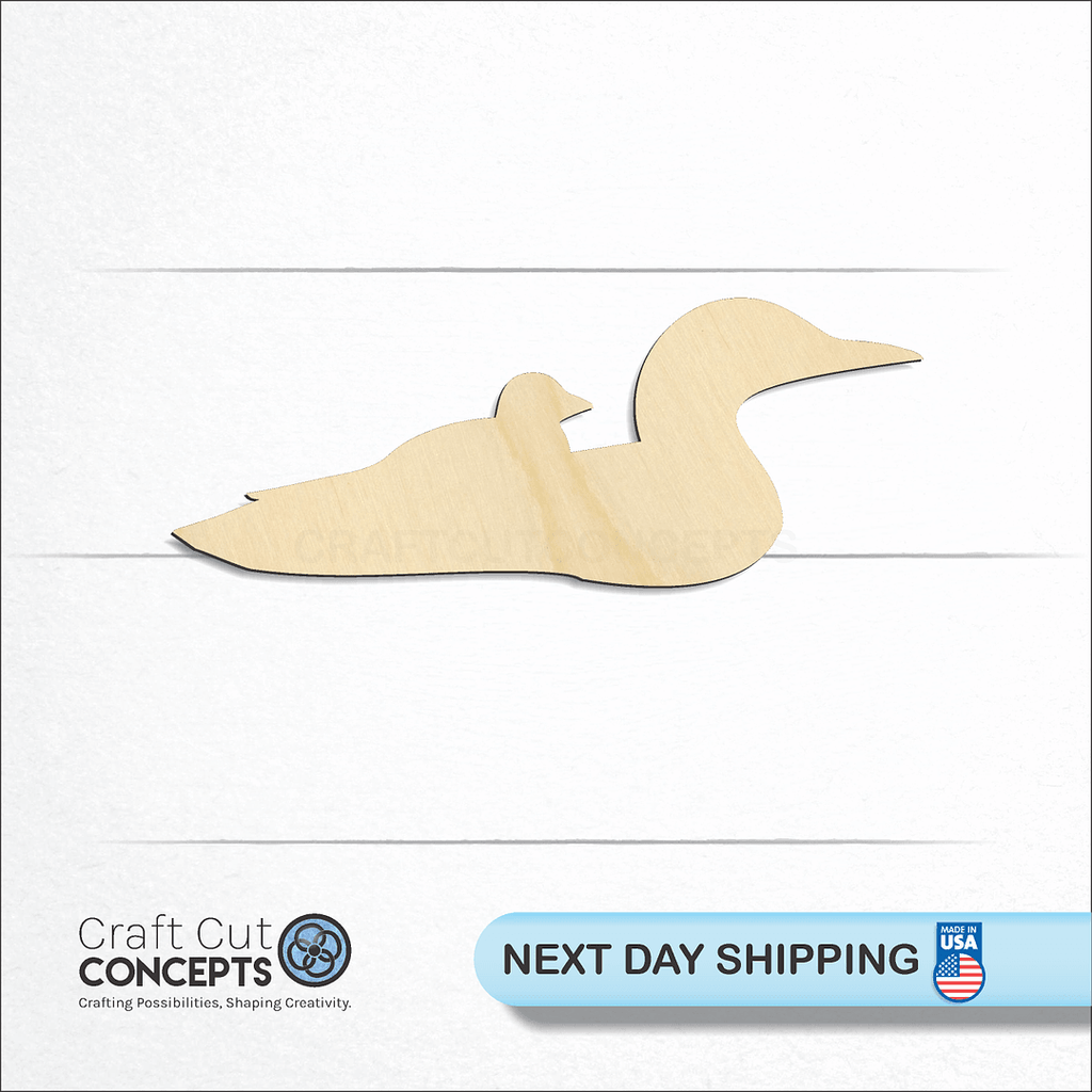 Craft Cut Concepts logo and next day shipping banner with an unfinished wood Loon craft shape and blank