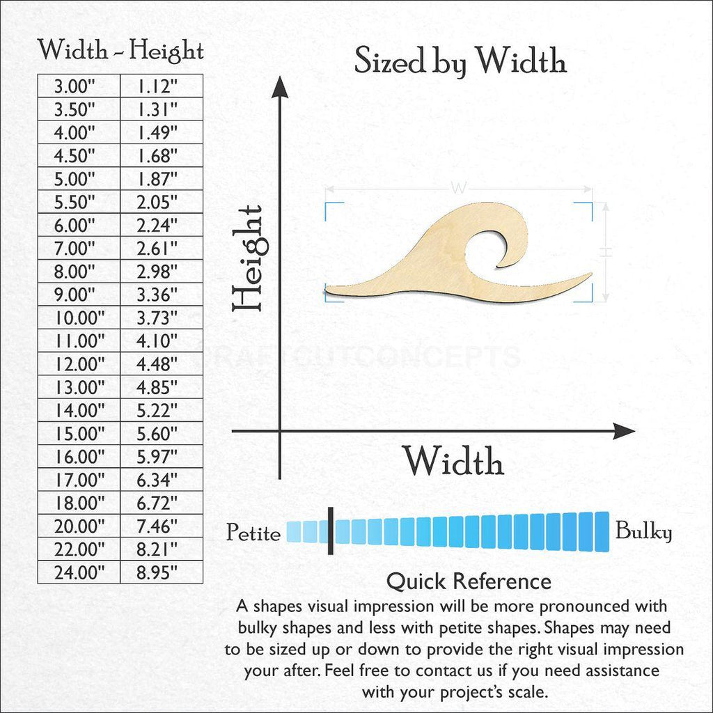 Sizes available for a laser cut Ocean Wave craft blank