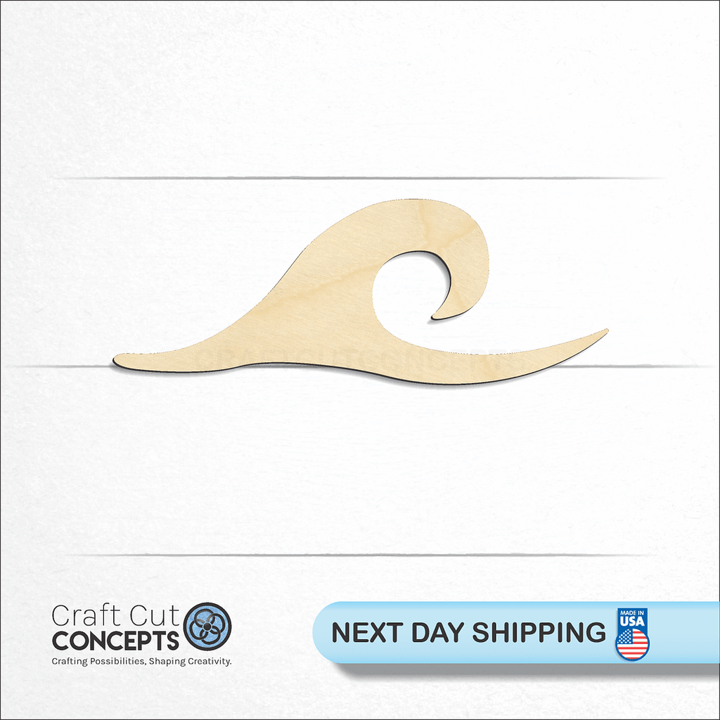 Craft Cut Concepts logo and next day shipping banner with an unfinished wood Ocean Wave craft shape and blank