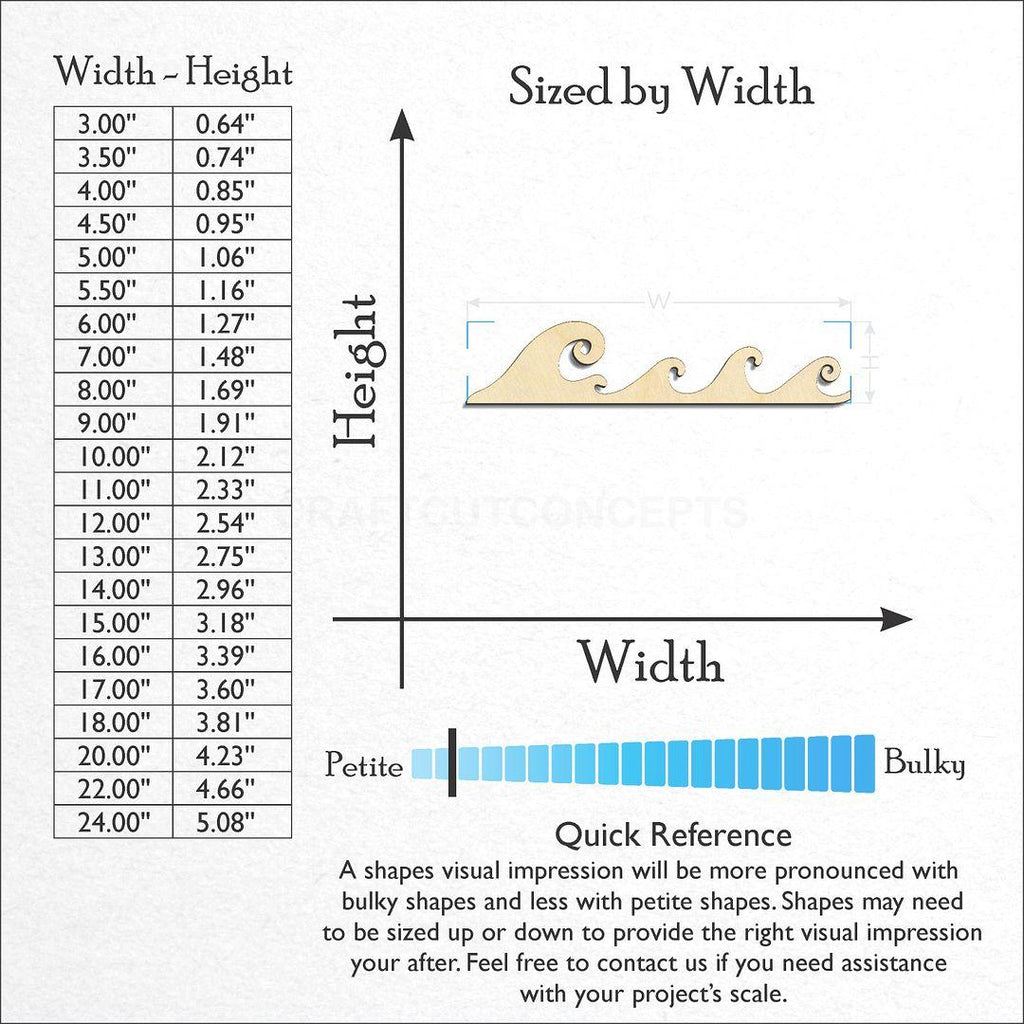 Sizes available for a laser cut Ocean Wave craft blank
