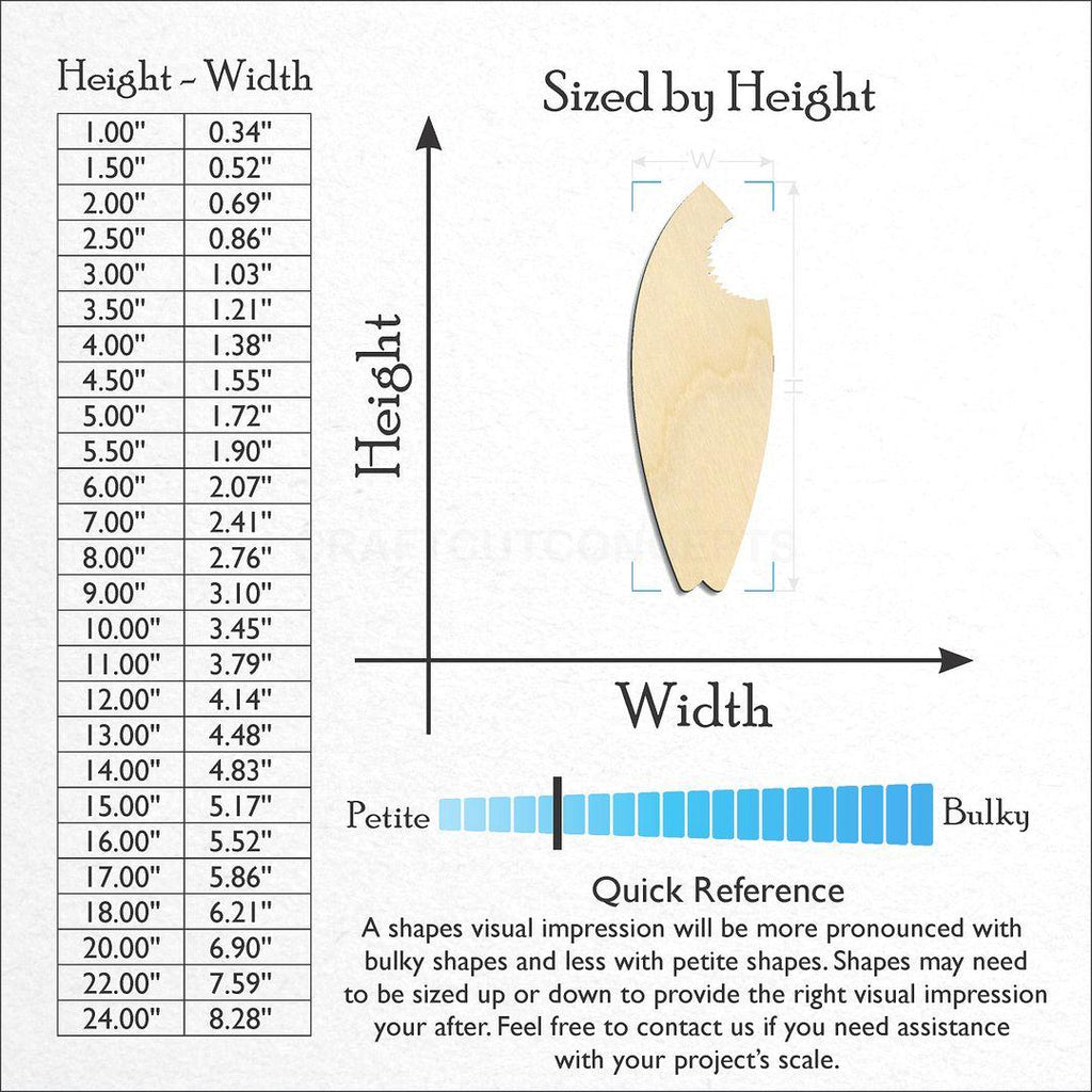 Sizes available for a laser cut Surf Board Bite craft blank