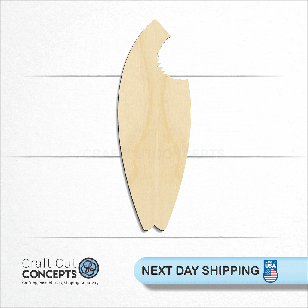 Craft Cut Concepts logo and next day shipping banner with an unfinished wood Surf Board Bite craft shape and blank