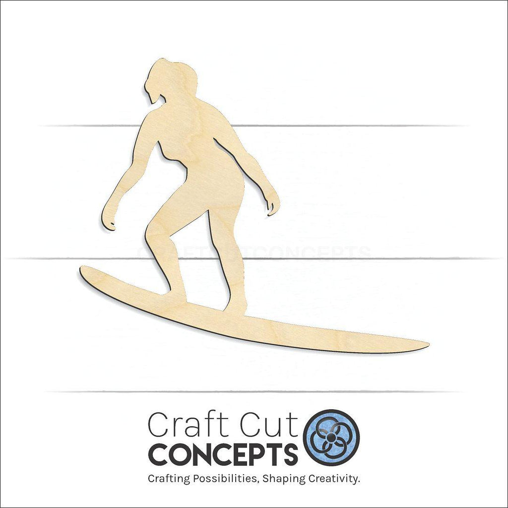 Craft Cut Concepts Logo under a wood Female Surfer craft shape and blank